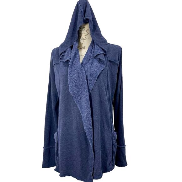 elan Navy Blue Hooded Open Draped Cardigan Sweater Cozy Boho Size Medium - Picture 2 of 9